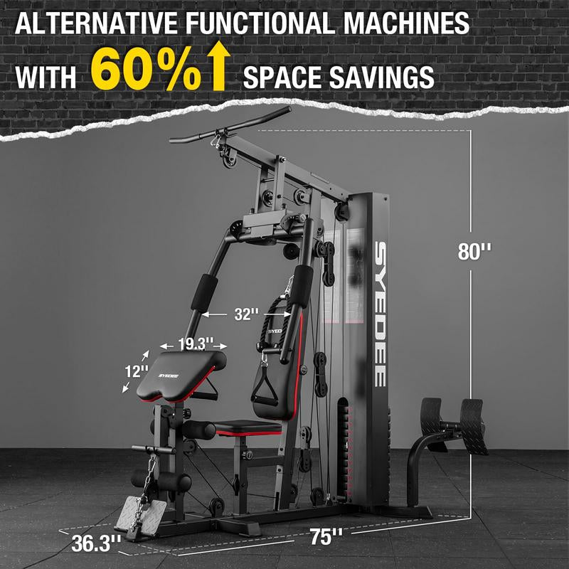 Syedee Home Gym Station: 150LB Weight Stack Multifunctional Equipment for Full Body Strength Training, LAT Pulldown, Chest, Leg, and Preacher Curl